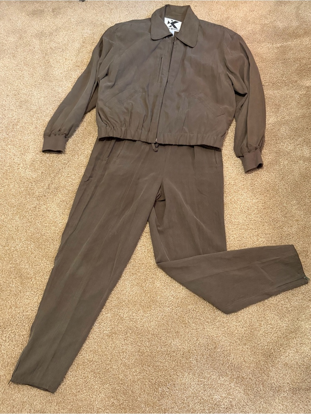 Vintage silk Kriss Kross two-piece jumpsuit in an olive color. Size S/M
